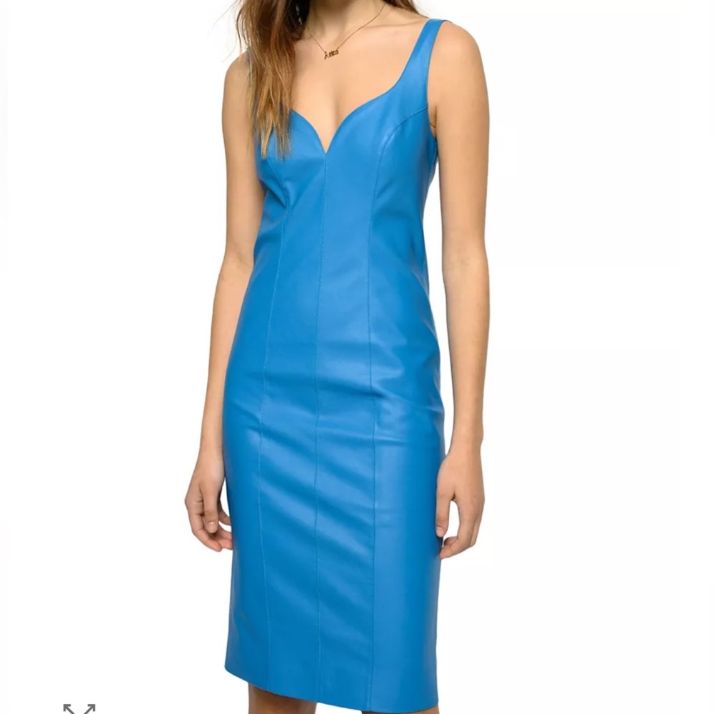 PINKO Pudico Faux Leather Midi Sheath Dress Blue size US 2 $296